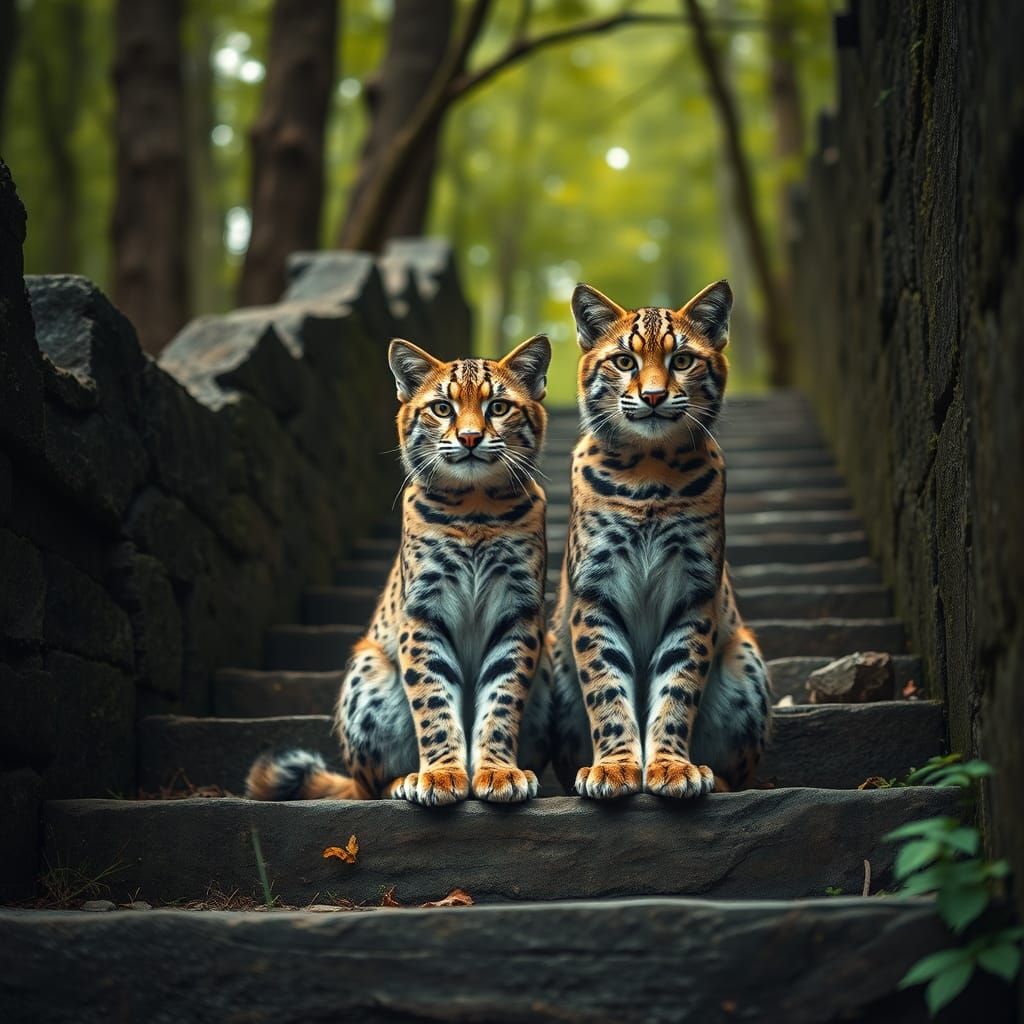 Bobcats on Abandoned Stone Staircase: Digital Matte Painting
