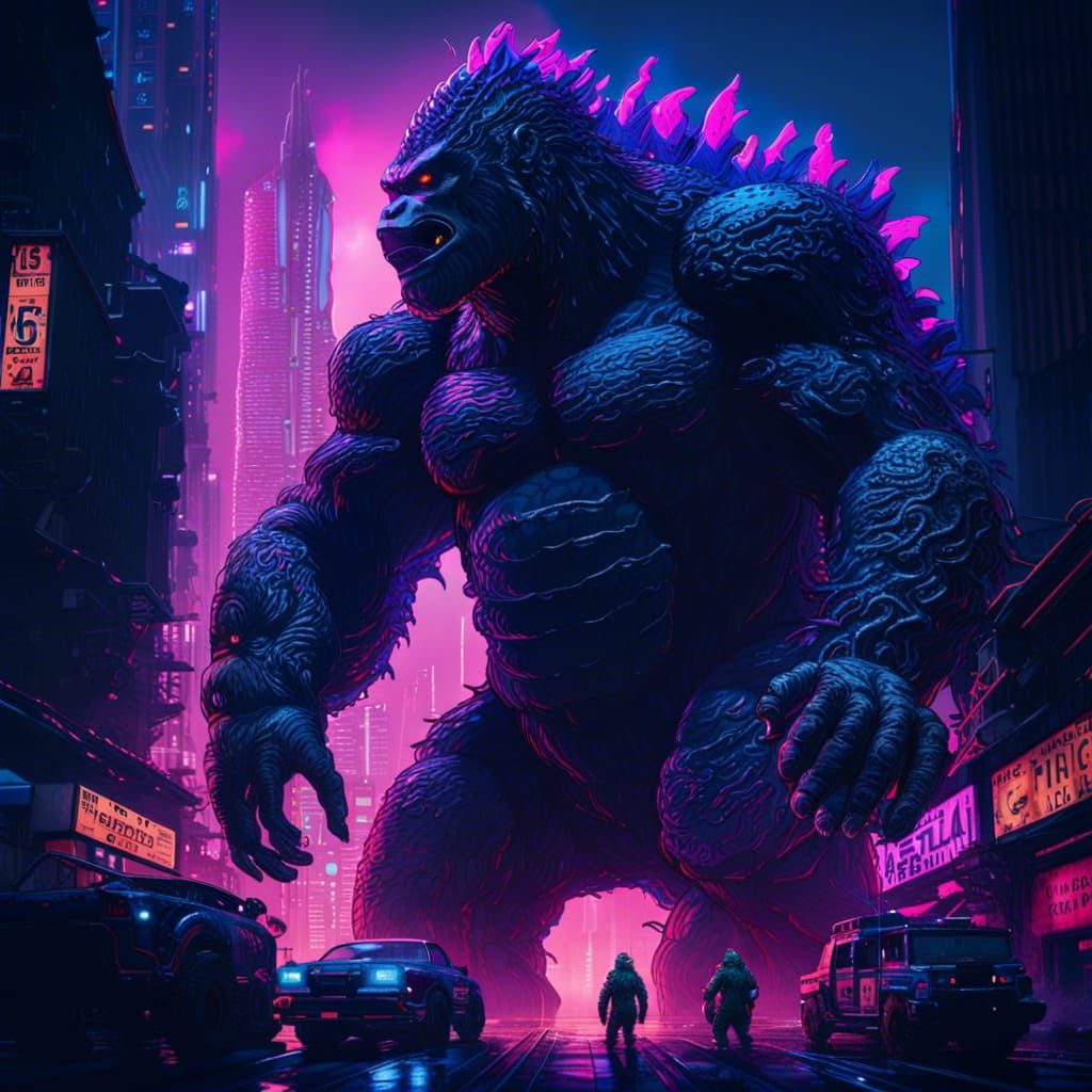 Godzilla and King Kong in Cyberpunk City