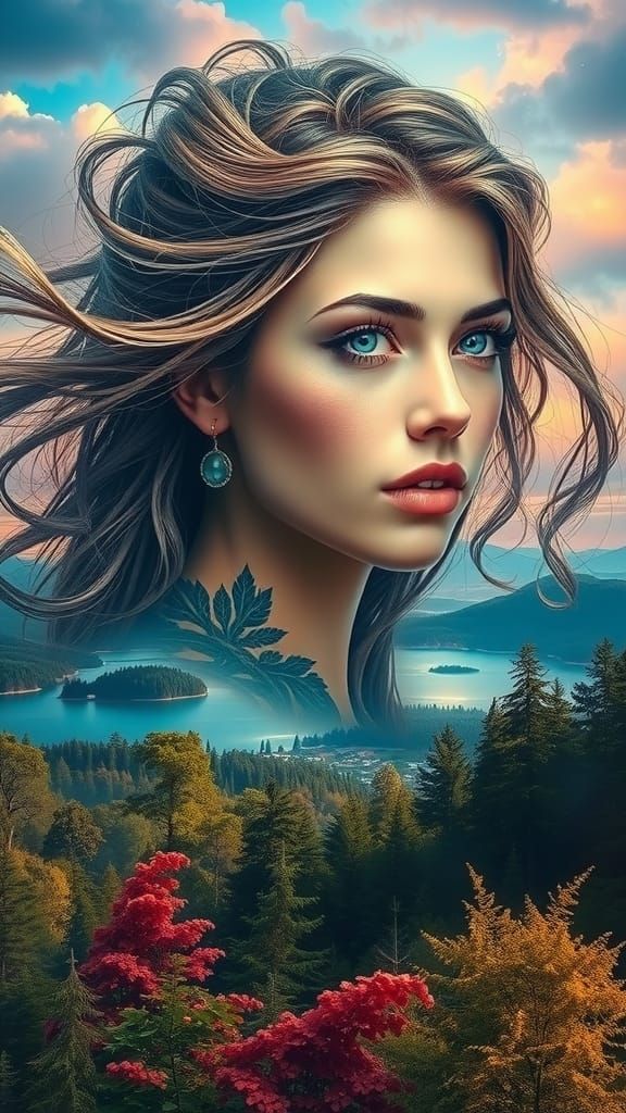 Mystical Woman with Auroras in Double Exposure