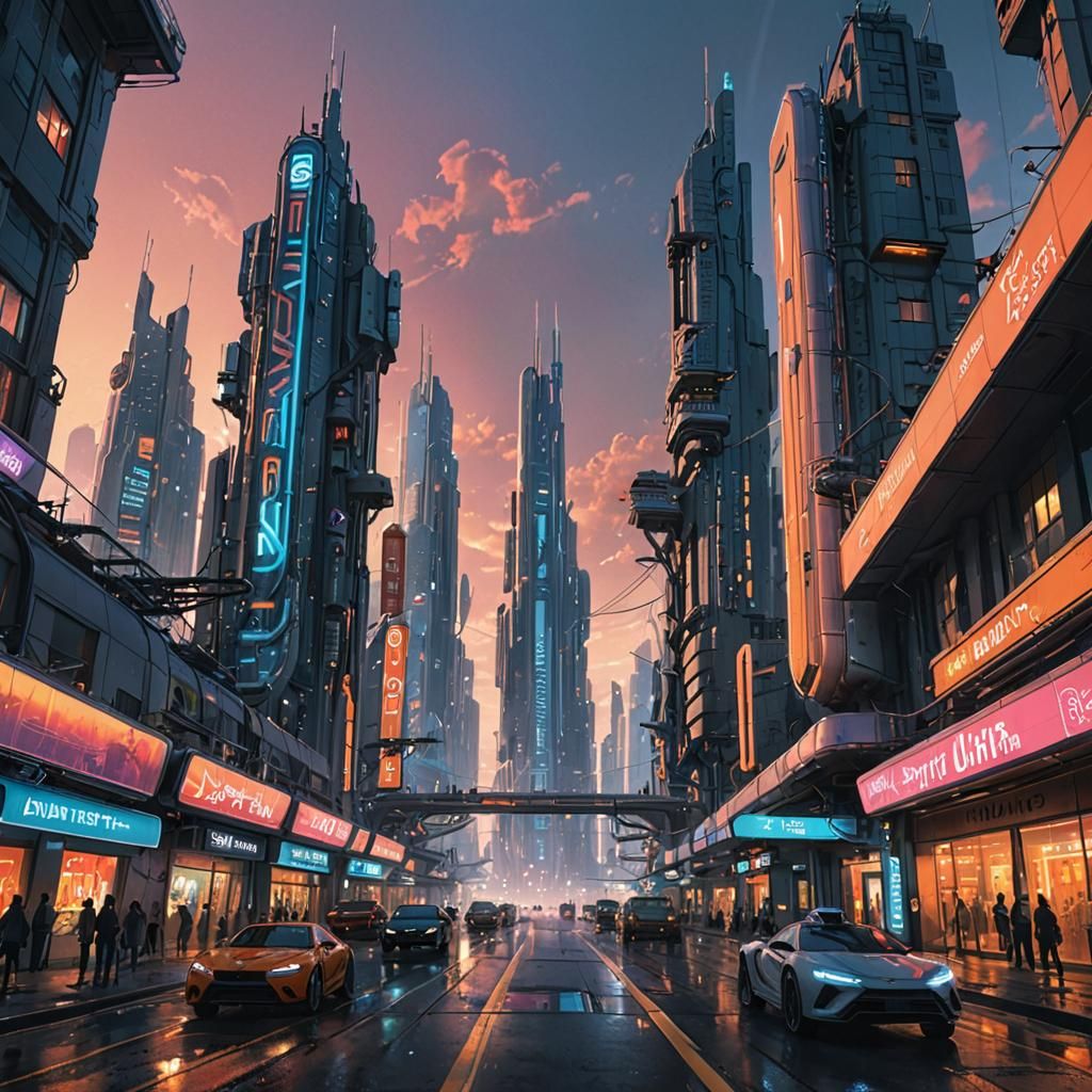 Futuristic Cityscape at Dawn in Digital Painting Style