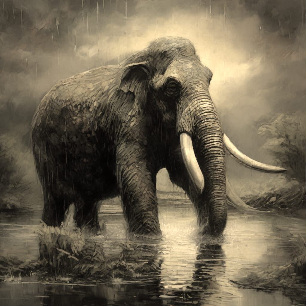 Surreal Mammoth Hunt Under Stormy Skies
