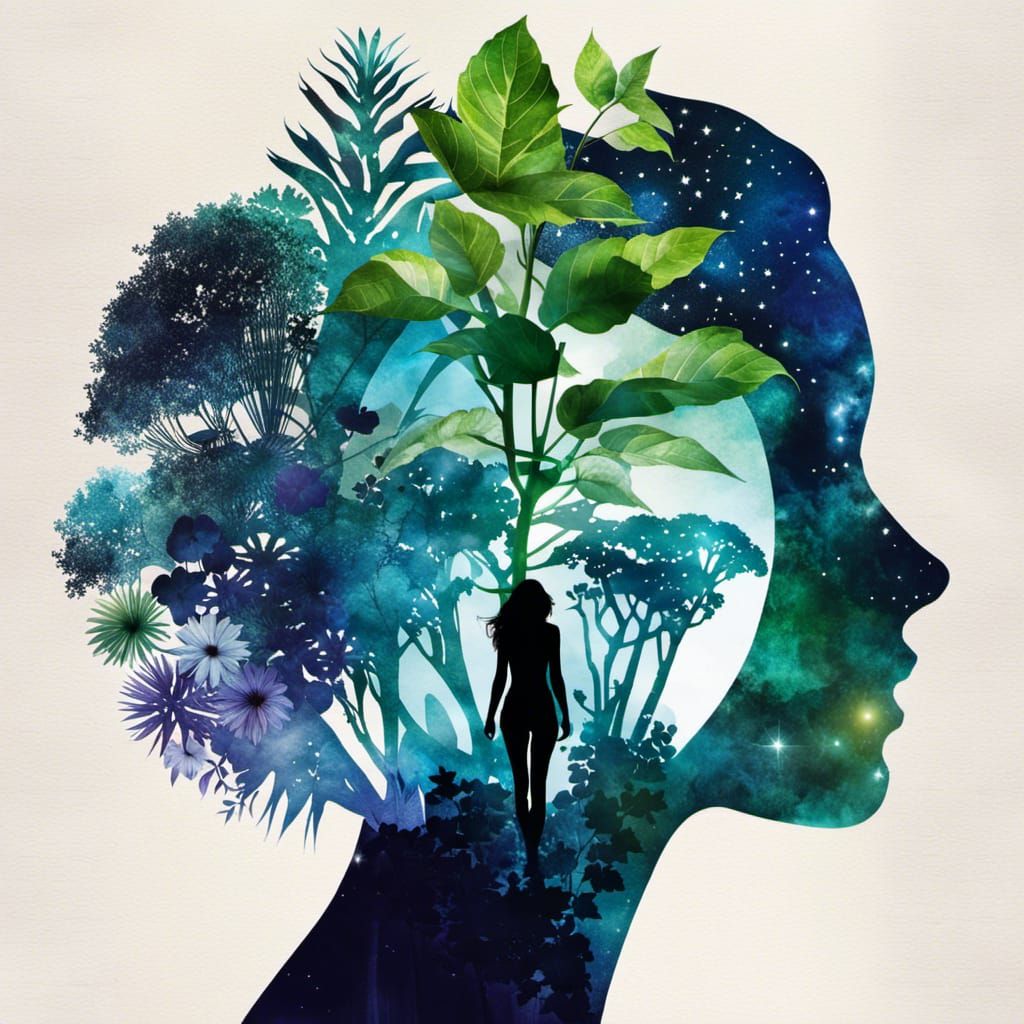 Watercolor Collage of Woman, Plants and Space