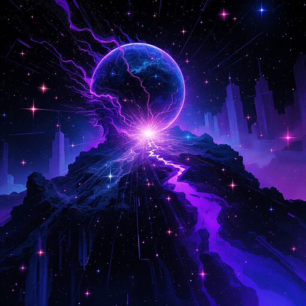 IndigoCore Glitch Cityscape with Constellations