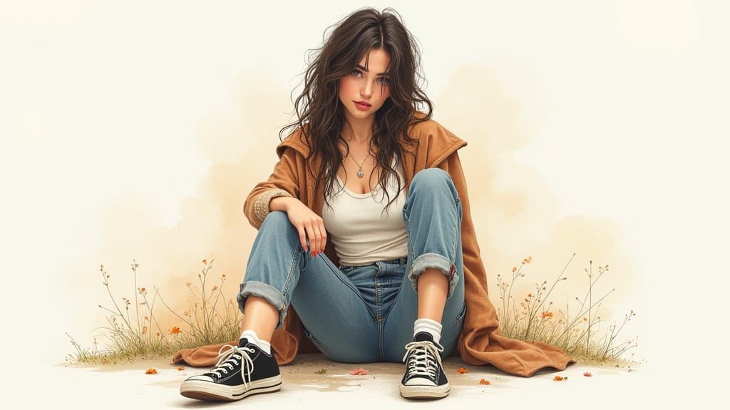 Emotional Woman in Watercolor and Color Pencil Style