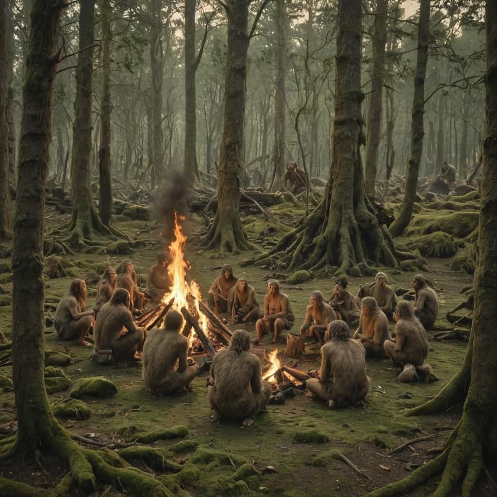 Prehistoric Tribe Gathered Around Fire in Lush Forest