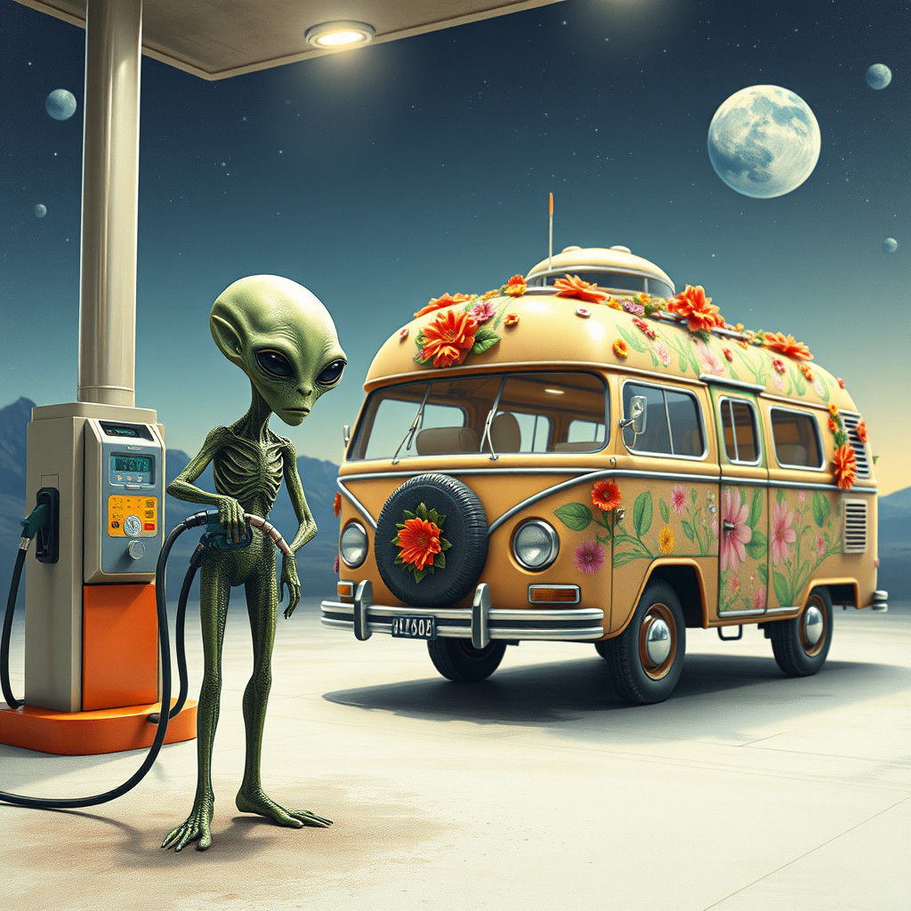 Aliens at Petrol Station in Hippy Spaceship