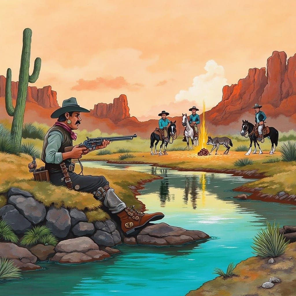 Vibrant Wild West Scene in Comic Book Watercolor Style