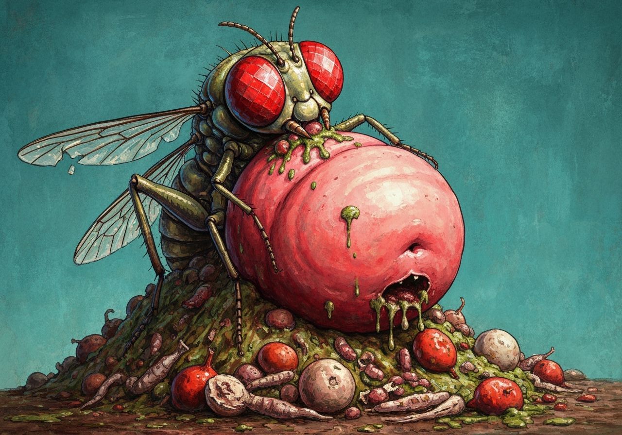 Hybrid Locust-Fly Creature Devouring Rotten Food
