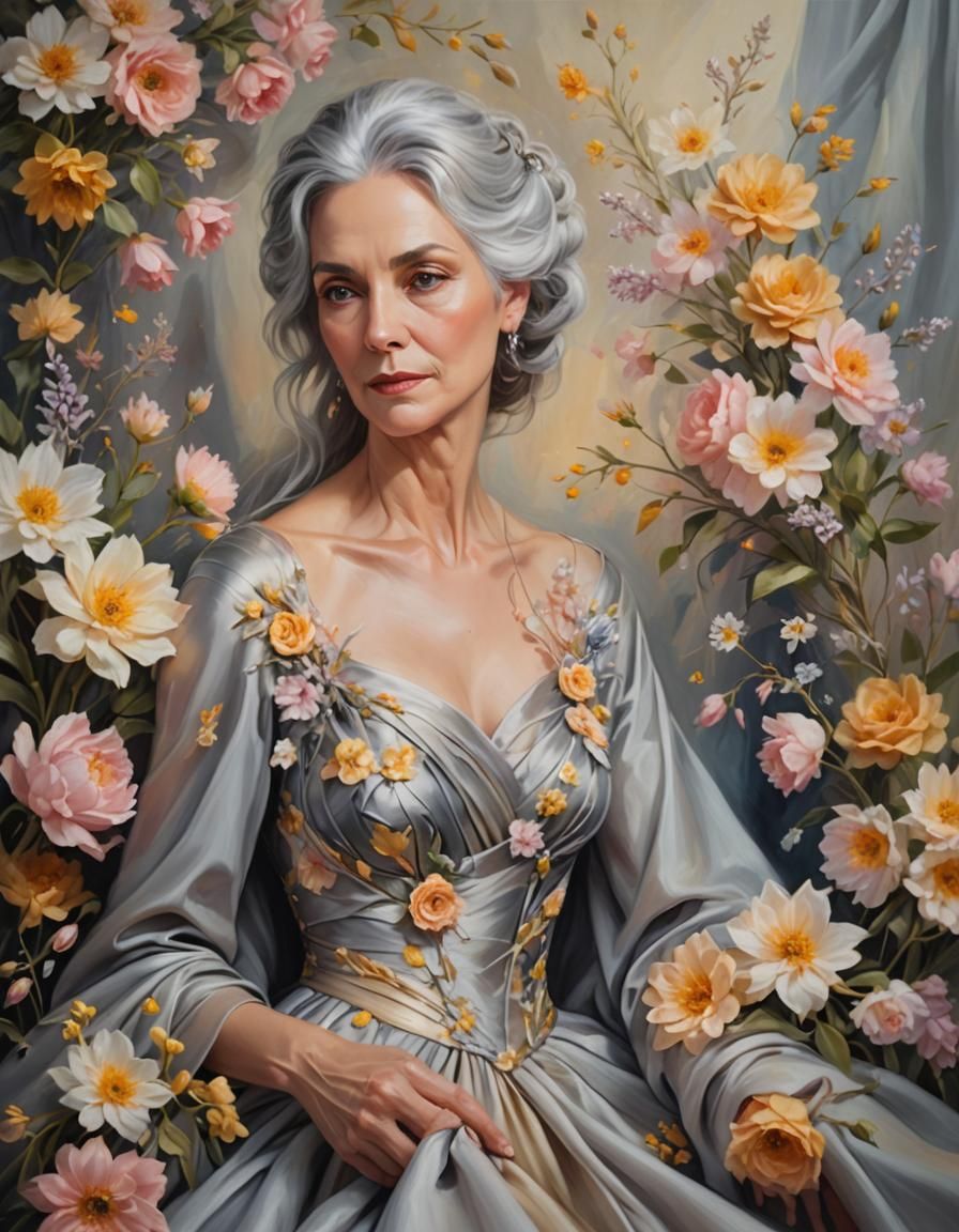 Surreal Couturier Surrounded by Flowers as Oil Painting