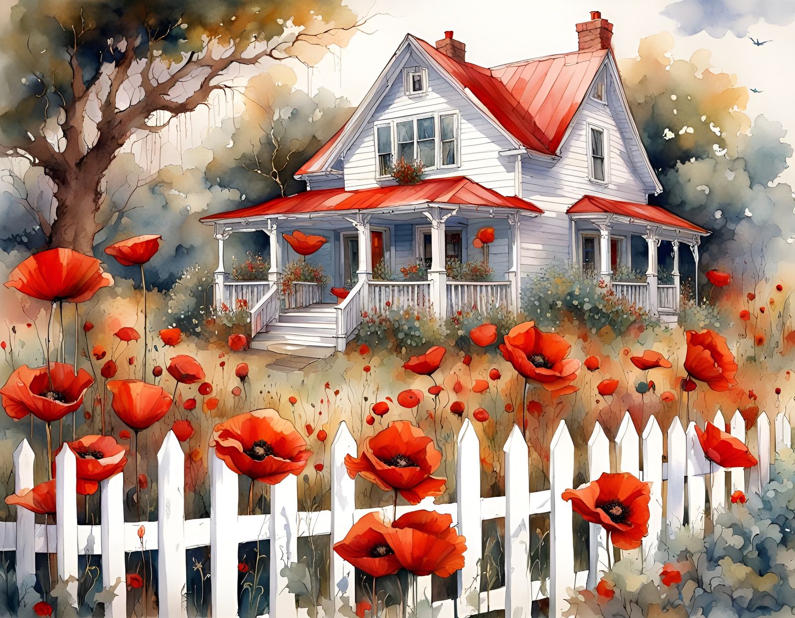 Poppies and Cottage House in Watercolor Style