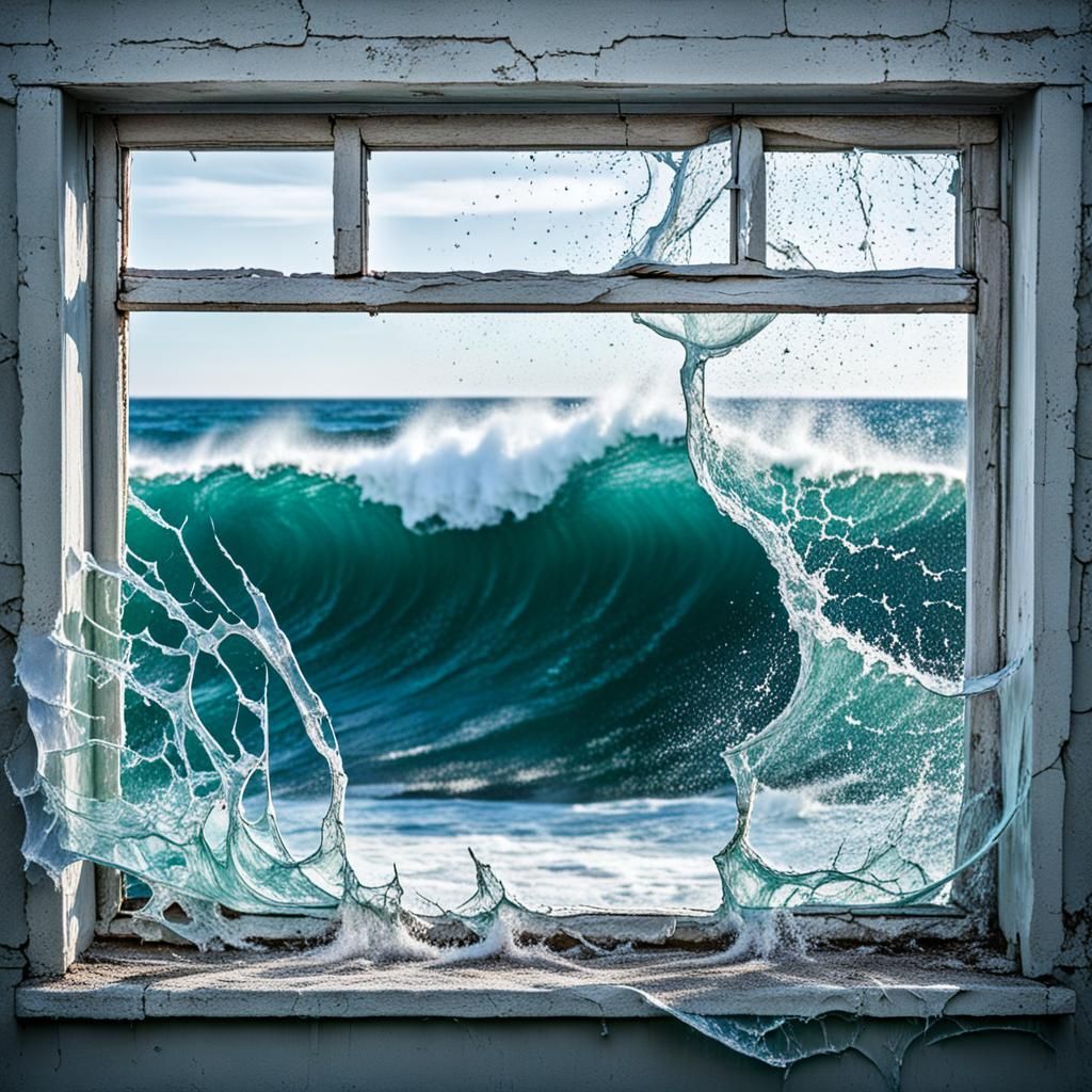 Waves Crash Through Shattered Window