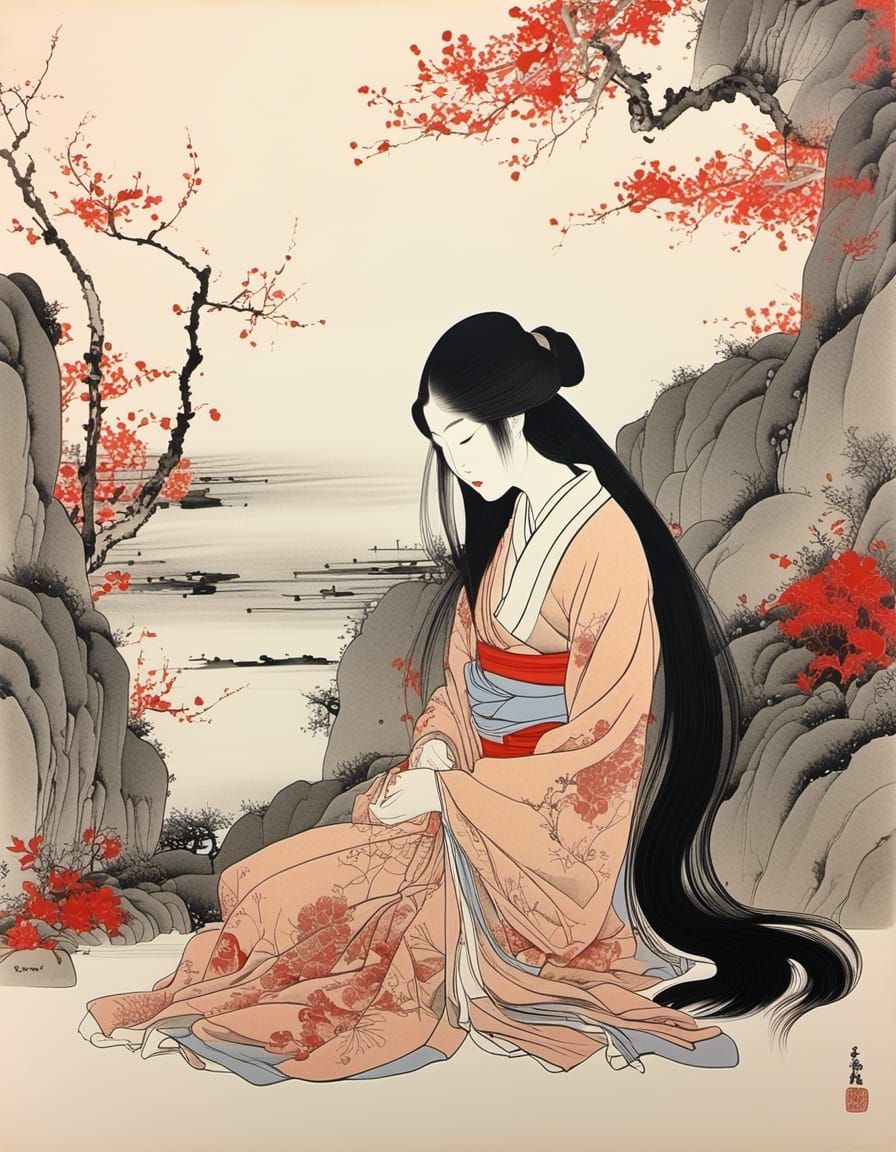 Japanese Woman in Garden, Ink and Watercolor Style