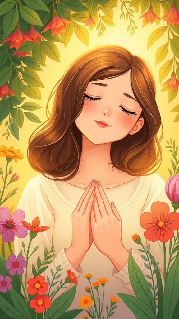 Serene Woman Surrounded by Flowers: Digital Illustration