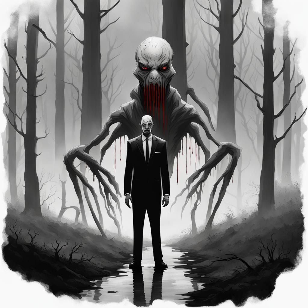 Sinister Figure in Foggy Forest, Black and White