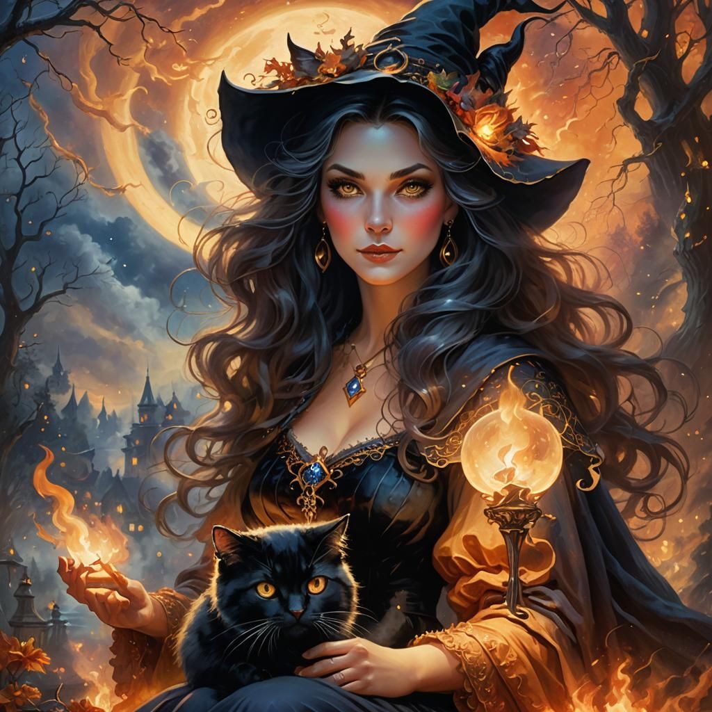 Mystical Witch Portrait with Cat in Firelight