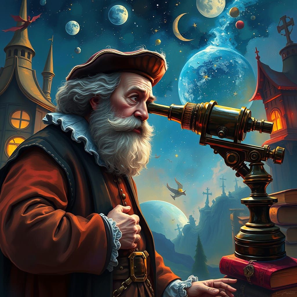 Astronomer in Dreamlike Landscape, Peering Through Antique T...