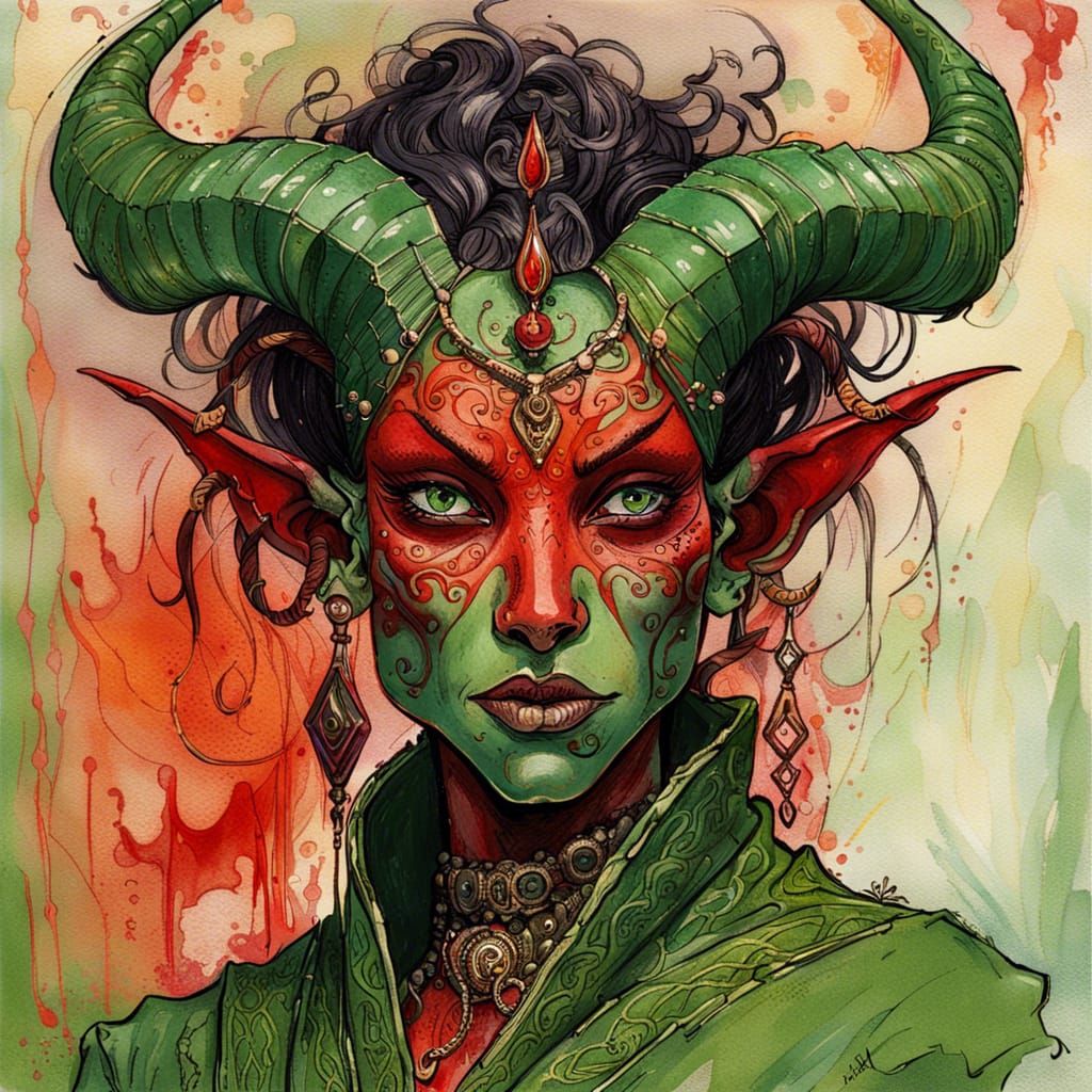 Ornate Tiefling Priestess Portrait in Quentin Blake Style