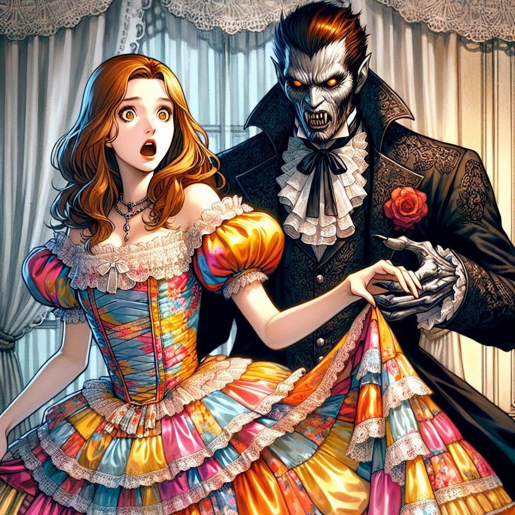 Elegant Woman with Vampire Figure in Lace Room