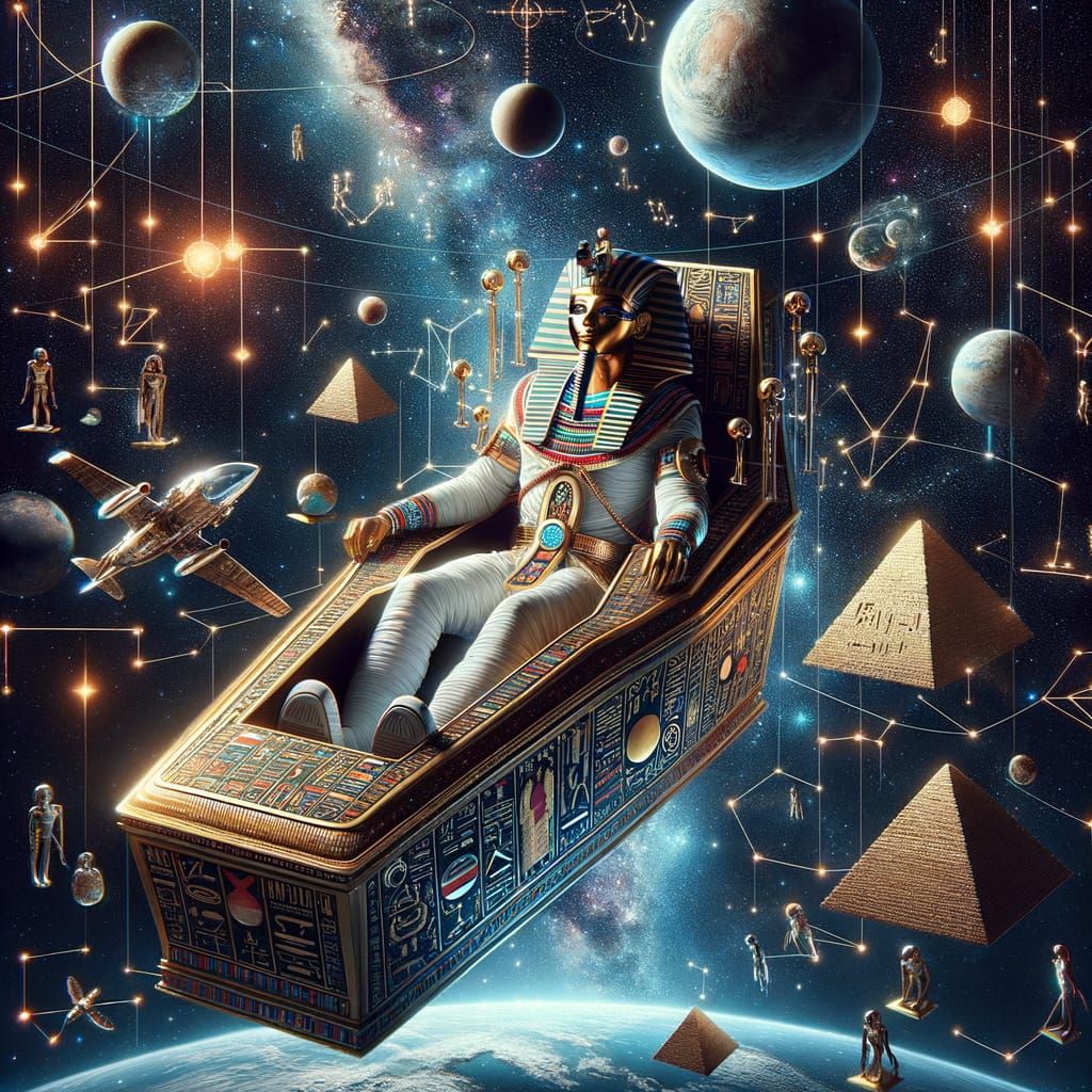Pharaoh Astronaut in Cosmic Hieroglyphic Constellations