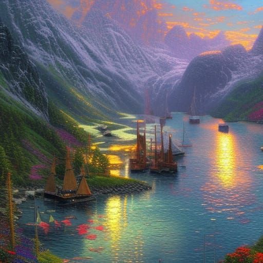 Norwegian Fjord Fantasy in Hyperrealistic Acrylic Style