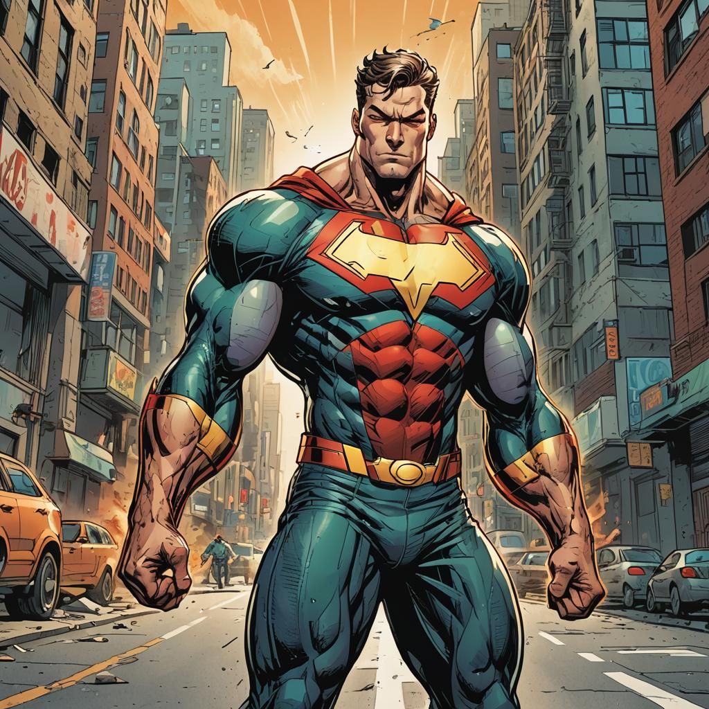 Triumphant Comic Book Hero in City Street
