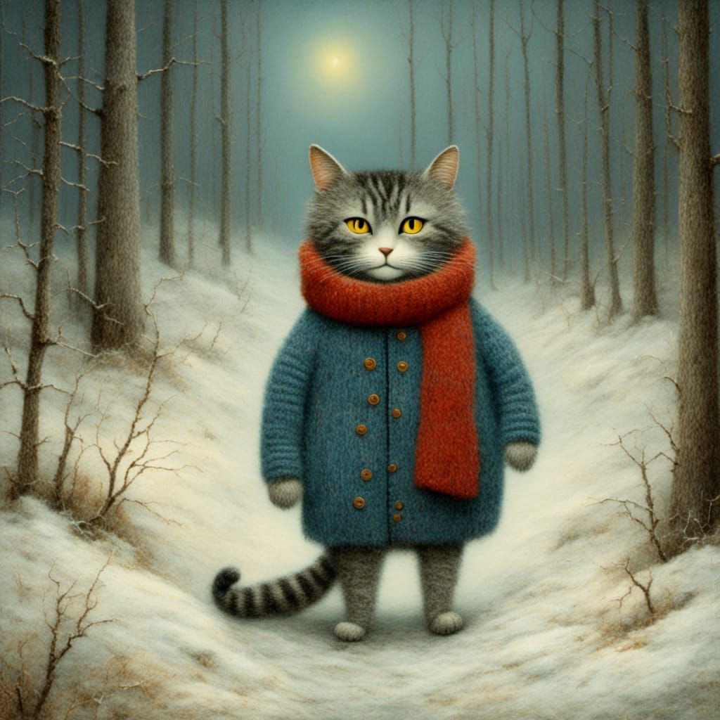 <lora:WoolenKatzz:1.0> <lora:Whimsey-Wood:1.0> A cat in a woolen jacket in the woods
