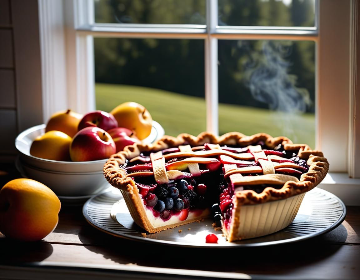 Steaming Homemade Fruit Pie on Farmhouse Windowsill