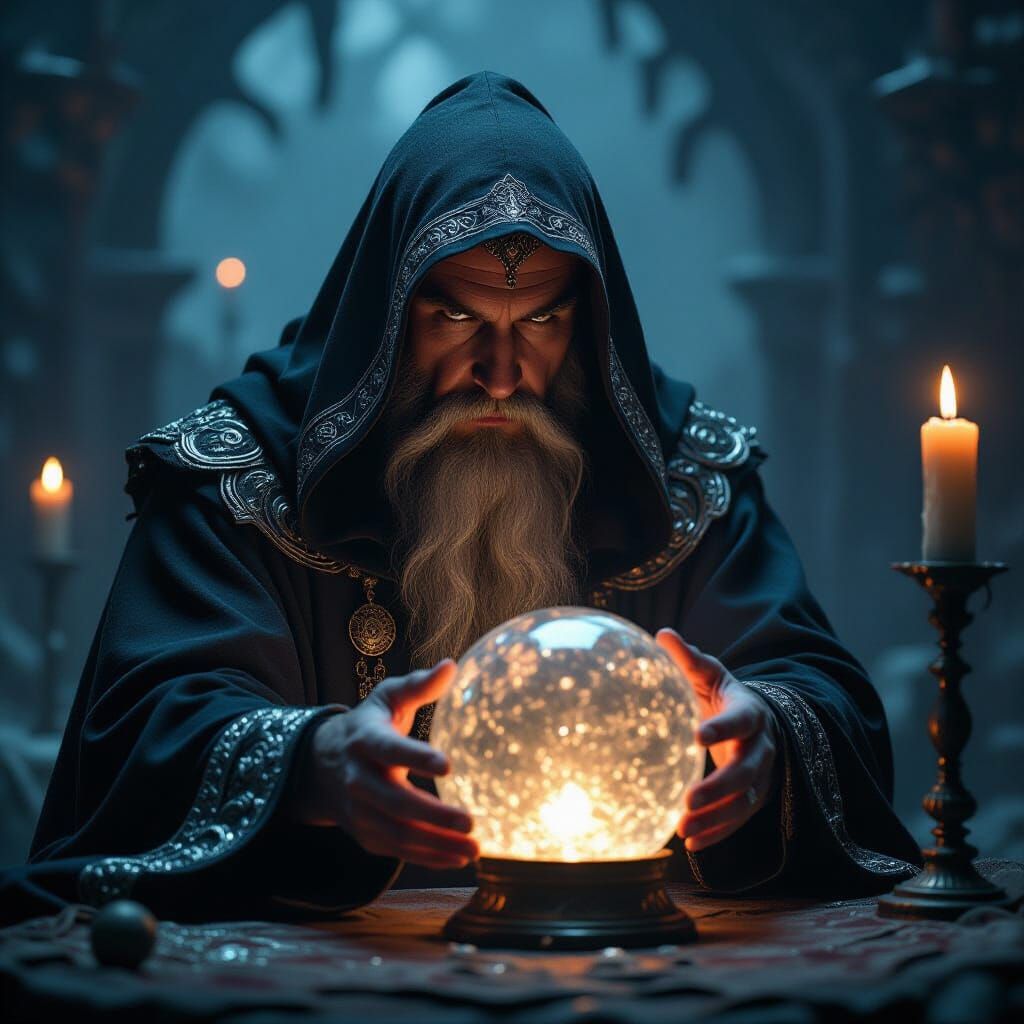 Mystical Sorcerer Gazing into Crystal Ball in Dark Fantasy S...