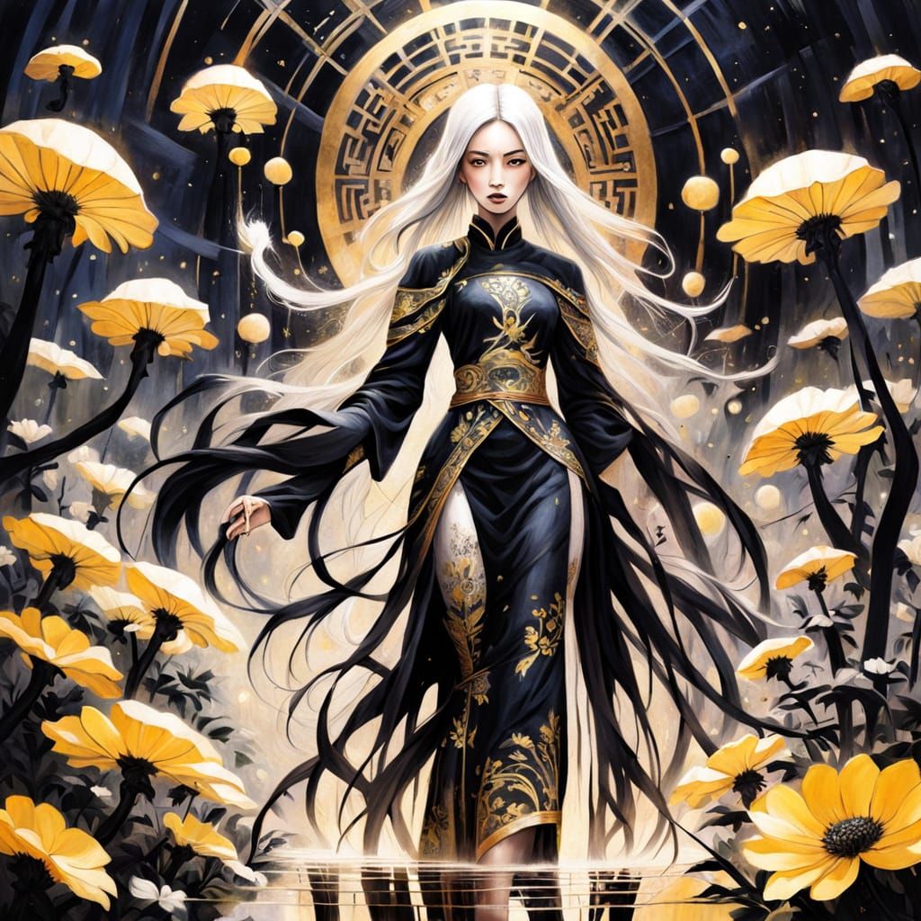 Elegant Asian Woman in Alien Garden Oil Painting