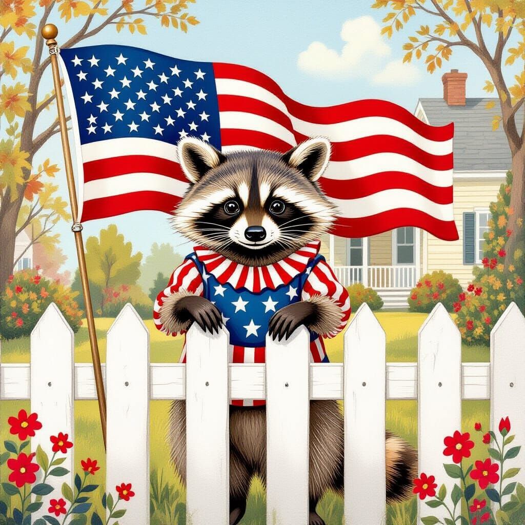 Patriotic Raccoon Overlooking American Flag