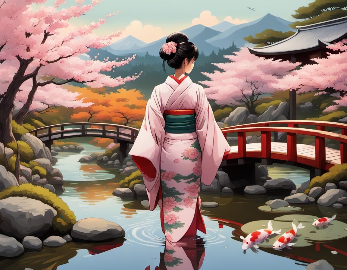 Tenebrism Fantasy Art: Enchanting Kimono Maiden Amidst Bloss...