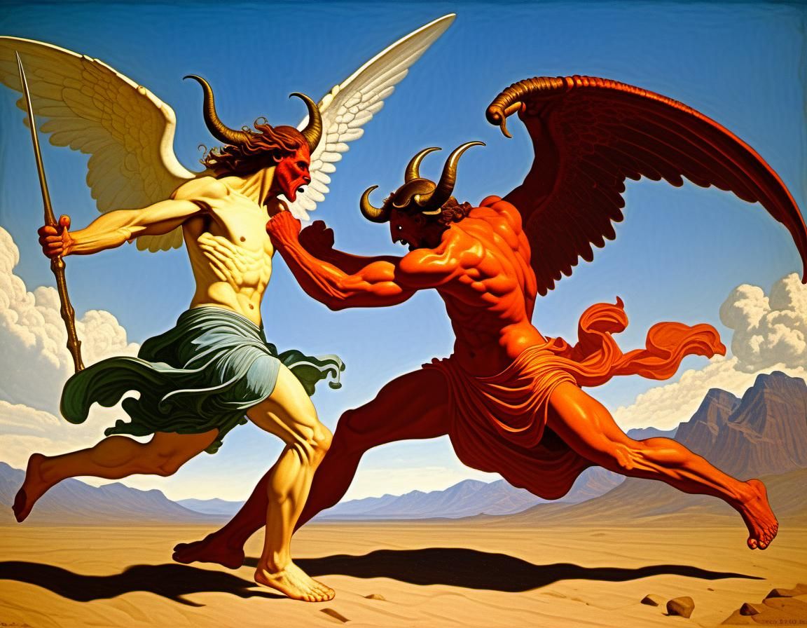 An angel fighting a demon