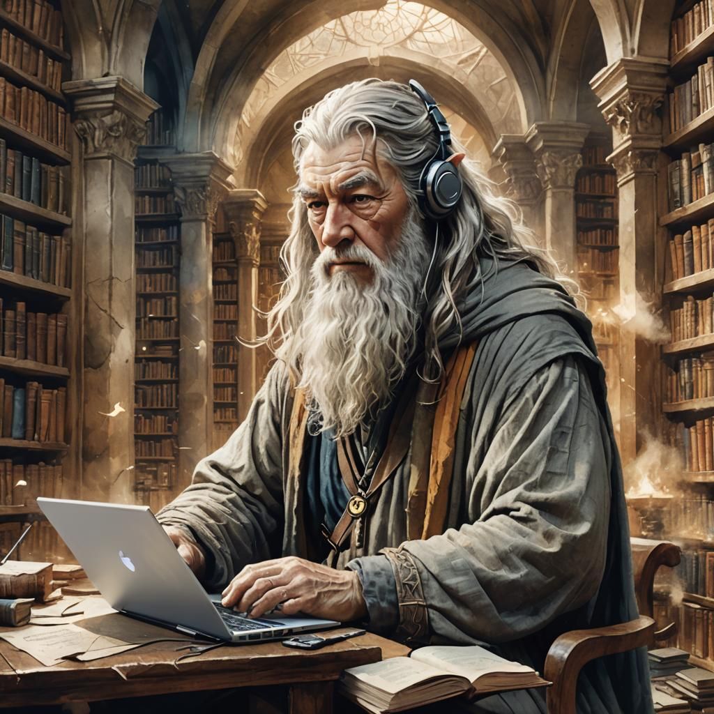Gandalf with Laptop in Ancient Library, Digital Watercolor