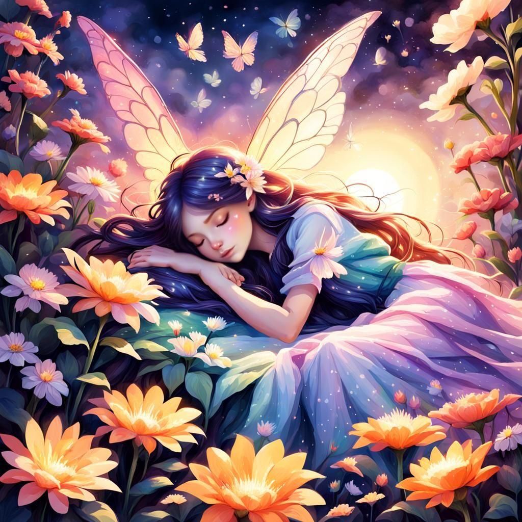 Sleeping Fairy in a Flower at Sunrise