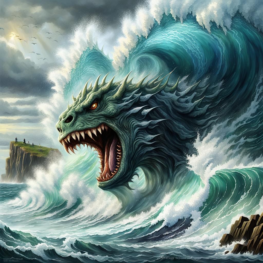 Colossal Wave Monster Crashing: A Digital Fantasy Illustrati...