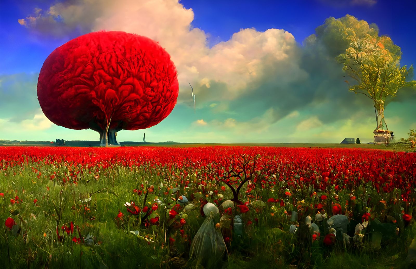 Surreal Red Tree Emerges in Ukiyo-e Style