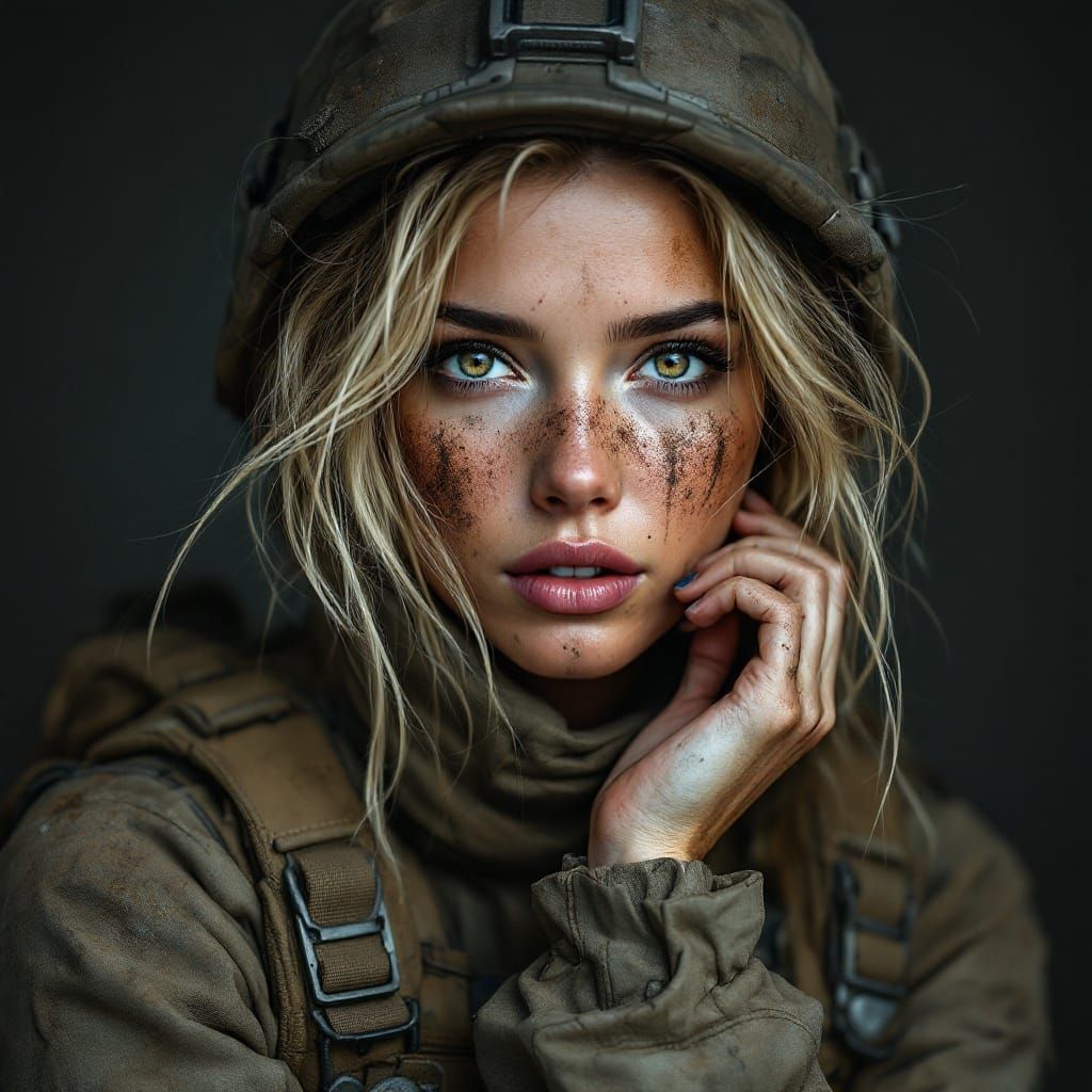 Intense Portrait of a Battle-Worn Soldier Woman