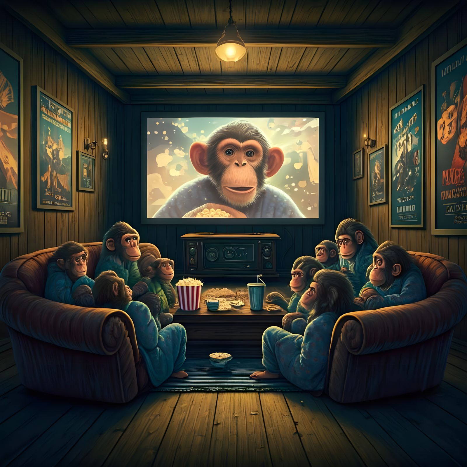 monkeys watching a movie at home