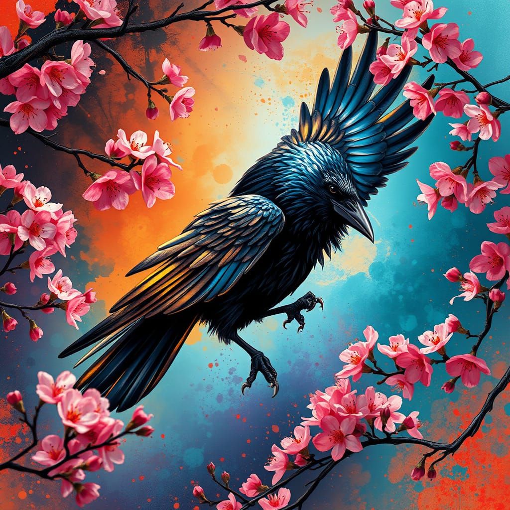 Raven Landing Among Cherry Blossoms in Alcohol Ink Style