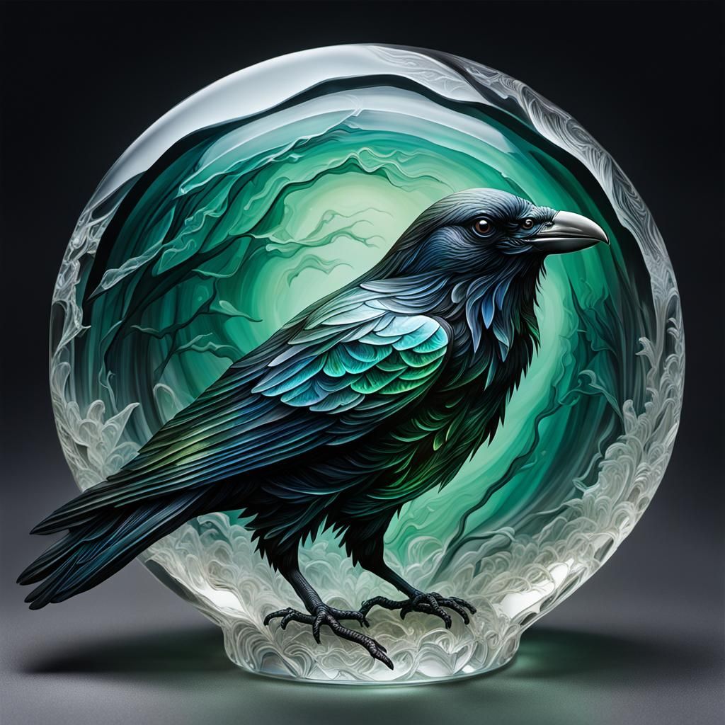 Intricate Crystal Raven in Glass Color Painting Style