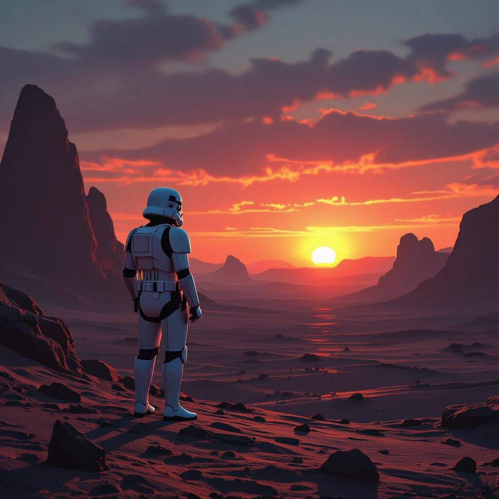 Stormtrooper Watches Twin Sunset on Alien World
