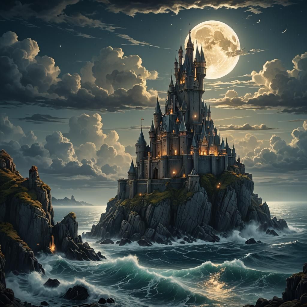 Majestic Castle Seascape at Midnight in Matte Painting Style