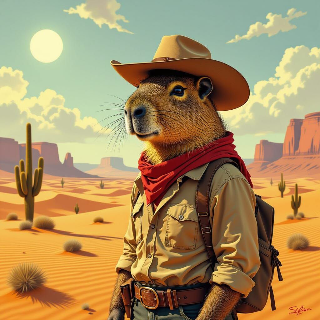 Capybara in Desert Landscape, Science Fiction Comic Art