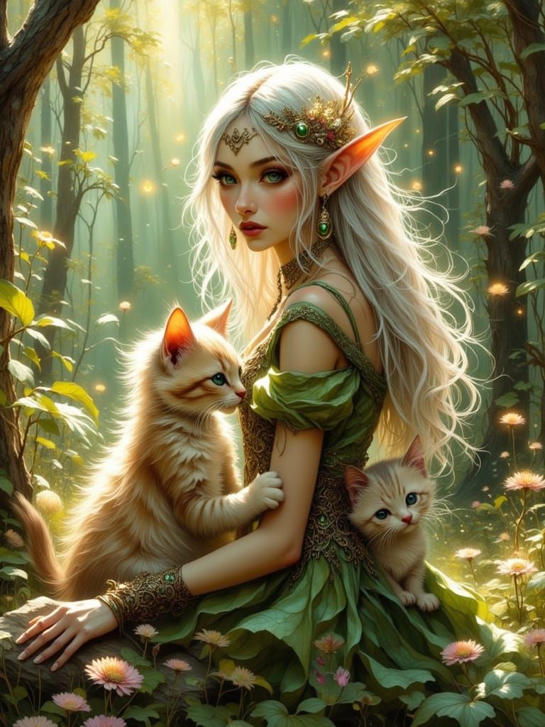 Elven Girl Plays With Kittens in Enchanted Forest