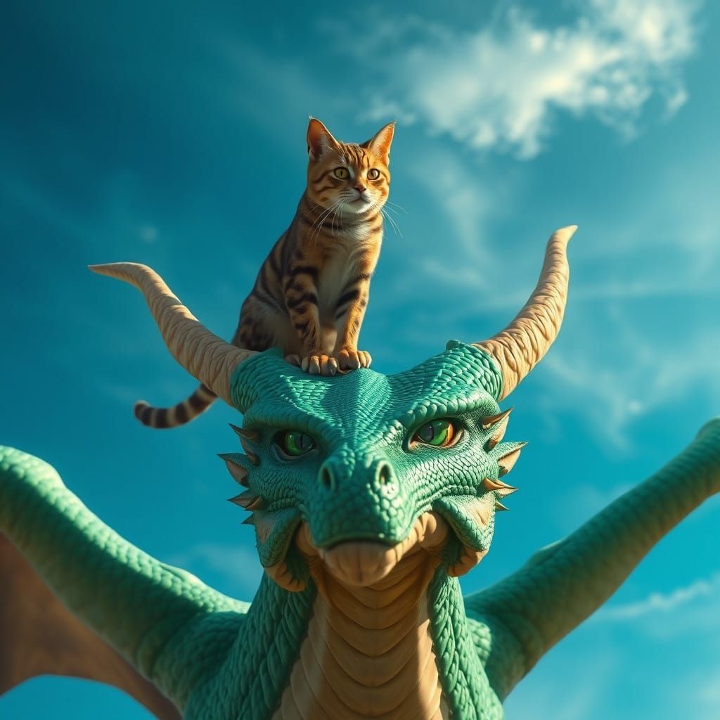 Majestic Bengal Cat Rides Dragon's Horns in Vibrant Fantasy...
