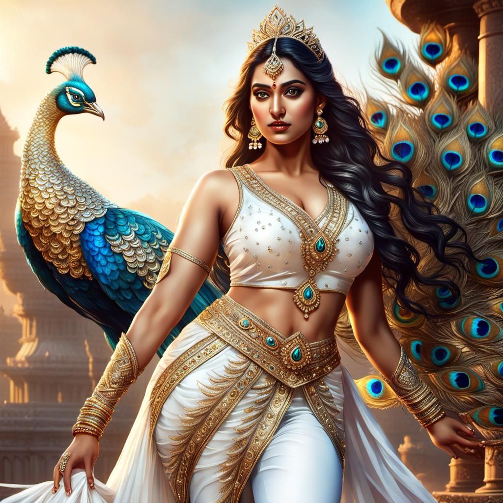 Fantasy Indian Women with Peacock, Detailed Matte Painting