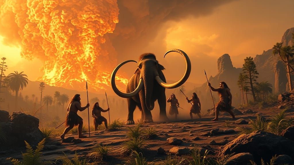 Neanderthal Mammoth Hunt in Primordial Landscape