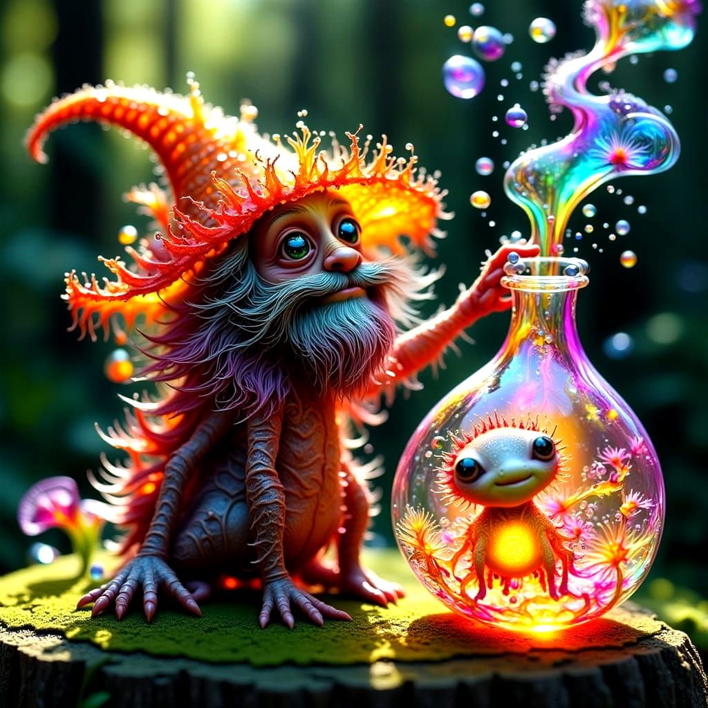 Whimsical Gnome Drinks Magical Glowing Potion