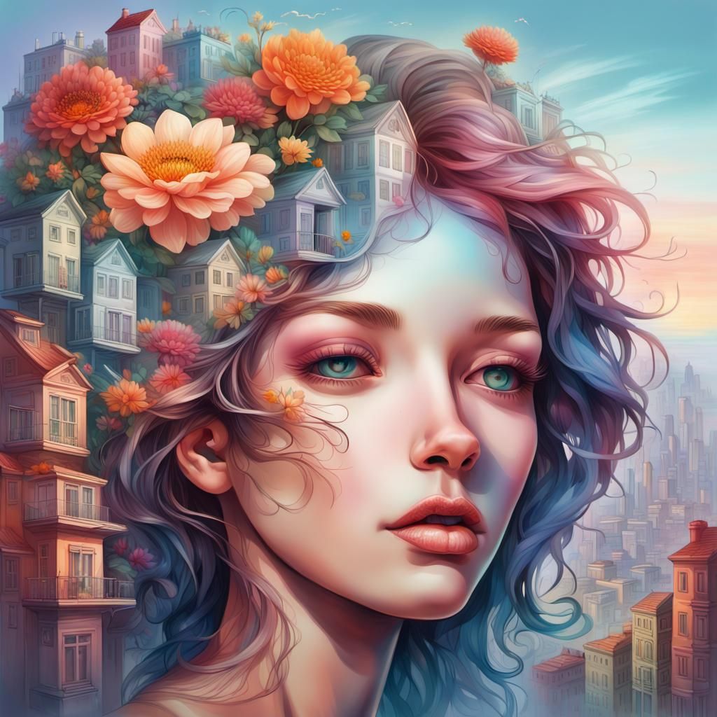 Surreal Female Portrait in Dreamlike Cityscape