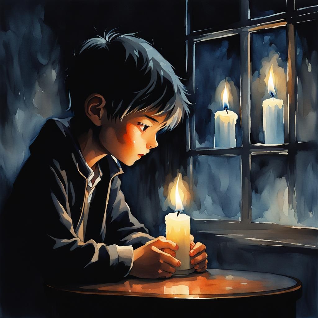 Ghost Boy with Candles in Watercolor Anime Style